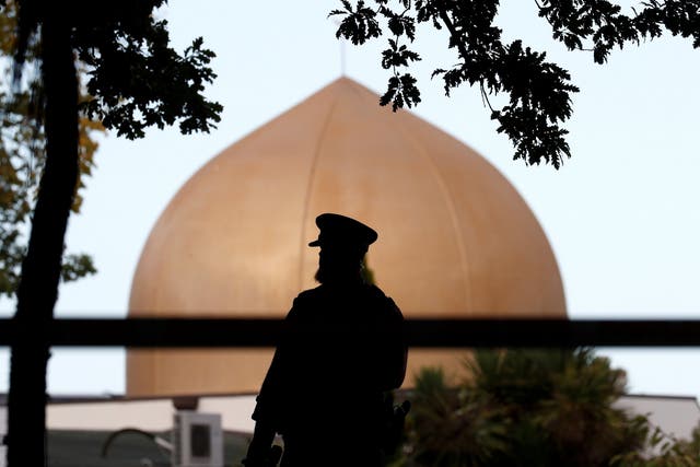 A police officer stands outside Masjid Al Noor mosque in Christchurch