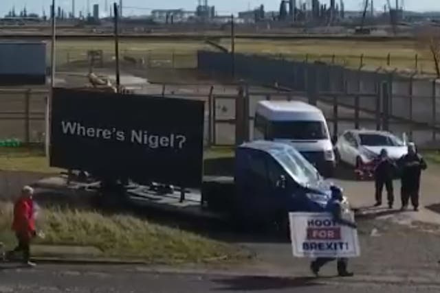 Anti-Brexit campaigners Led By Donkeys have placed billboards on the route taking aim at former Ukip leader.
