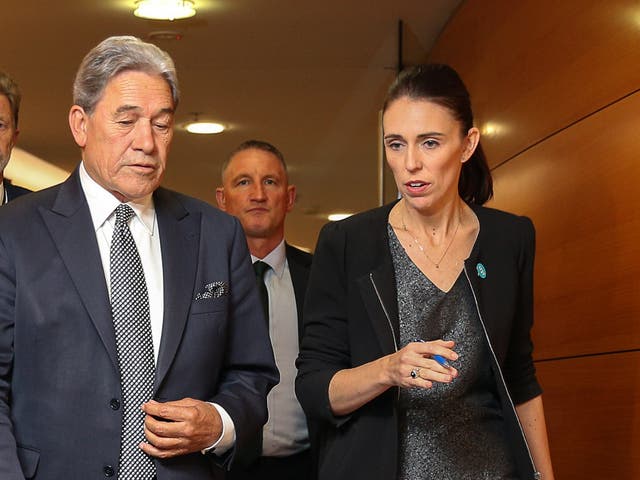 Prime Minister Jacinda Ardern and Deputy Prime Minister Winston Peters arrive at a press conference after cabinet meeting