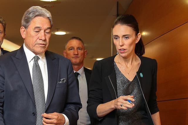 Prime Minister Jacinda Ardern and Deputy Prime Minister Winston Peters arrive at a press conference after cabinet meeting