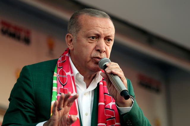 Turkey's President Recep Tayyip Erdogan addresses supporters at a rally in Antalya on Sunday