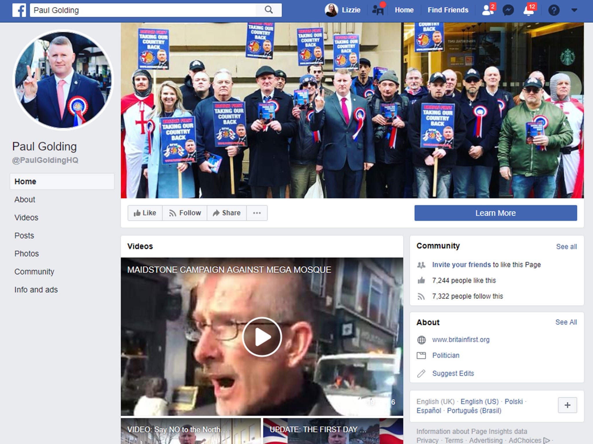 Both of Paul Golding's Facebook pages listed him as the leader of Britain First and linked to the group's official website
