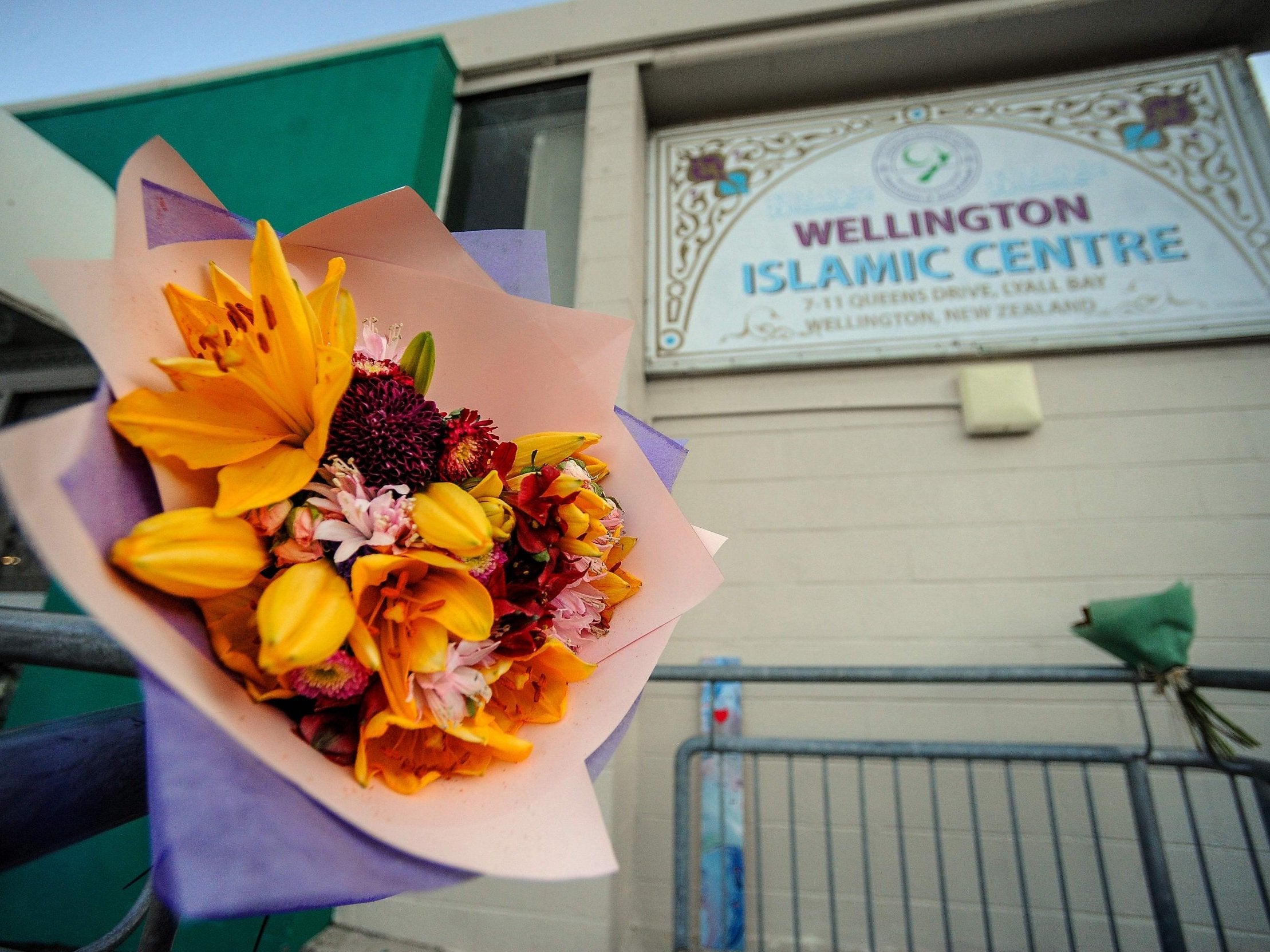 A flower bouquet is seen at a memorial site for victims of the Christchurch mosque attacks at Kilbirnie Islamic Centre in Wellington