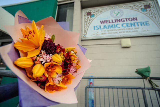 A flower bouquet is seen at a memorial site for victims of the Christchurch mosque attacks at Kilbirnie Islamic Centre in Wellington