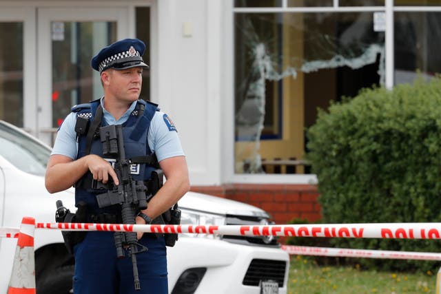 A police officer guards the Linwood mosque in Christchurch, New Zealand.