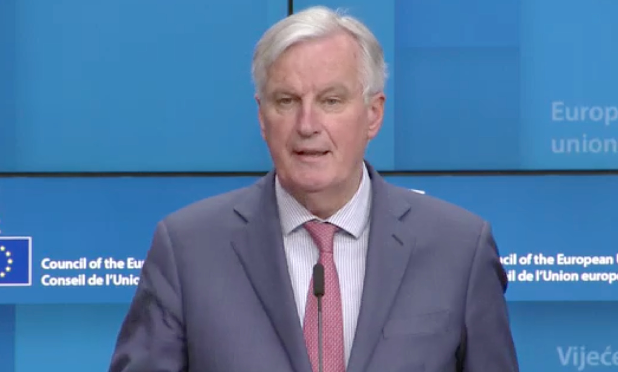 Michel Barnier speaking in Brussels after the meeting