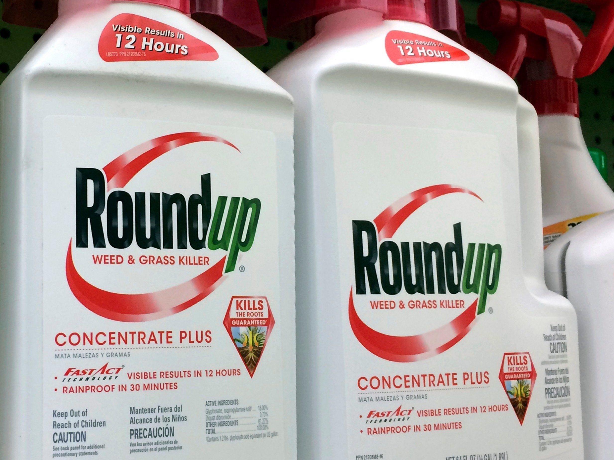 Roundup weed killer photographed on a shelf at a Los Angeles hardware store
