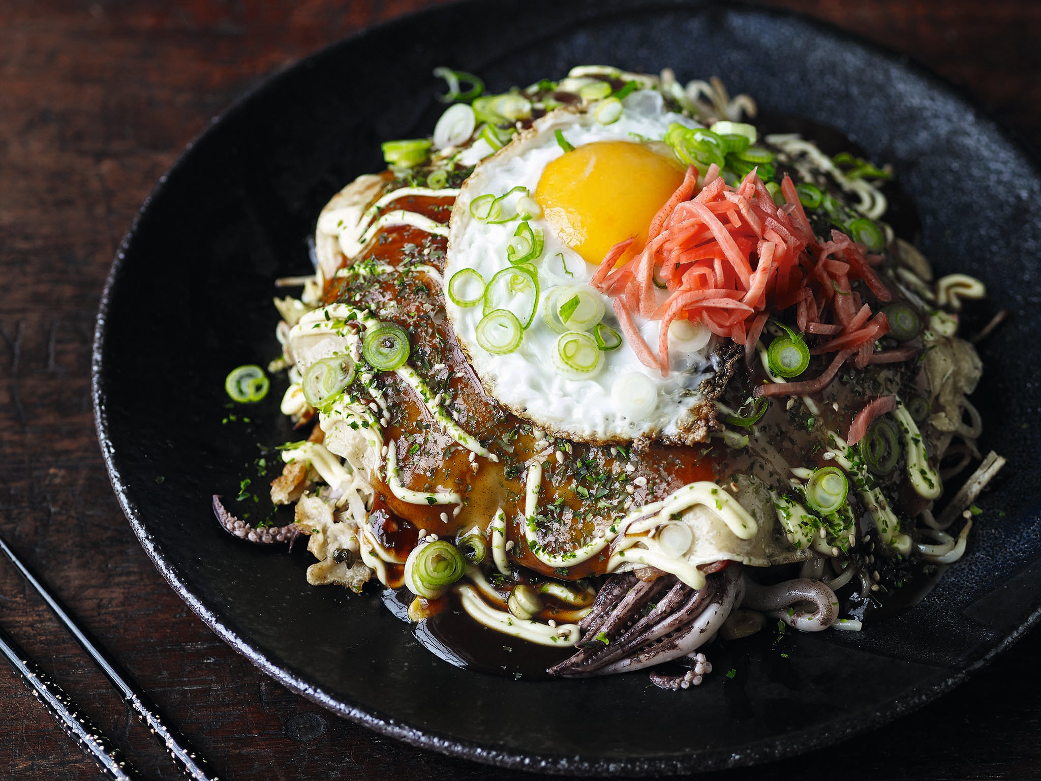The name of this savoury pancake dish comes from ‘okonomi’ meaning ‘how you like’