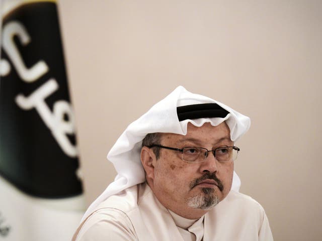 Jamal Khashoggi during a press conference on 15 December 2014. Saudi Arabian officials murdered Khashoggi, a dissident and journalist