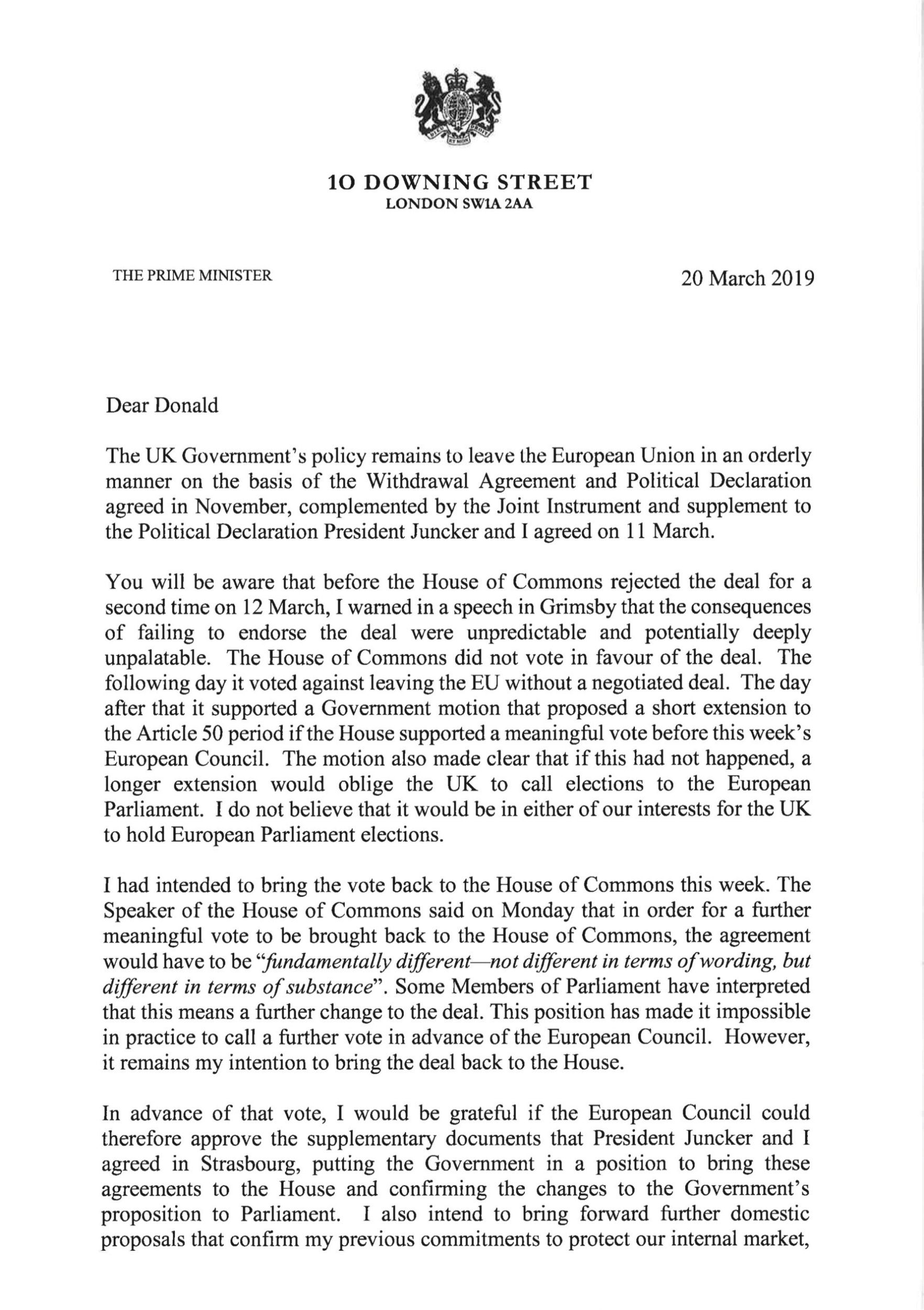 In a letter to Donald Tusk, Theresa May requested a Brexit delay until 30 June