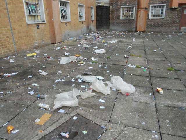 Rubbish thrown into an exercise yard at HMP Onley in Warwickshire