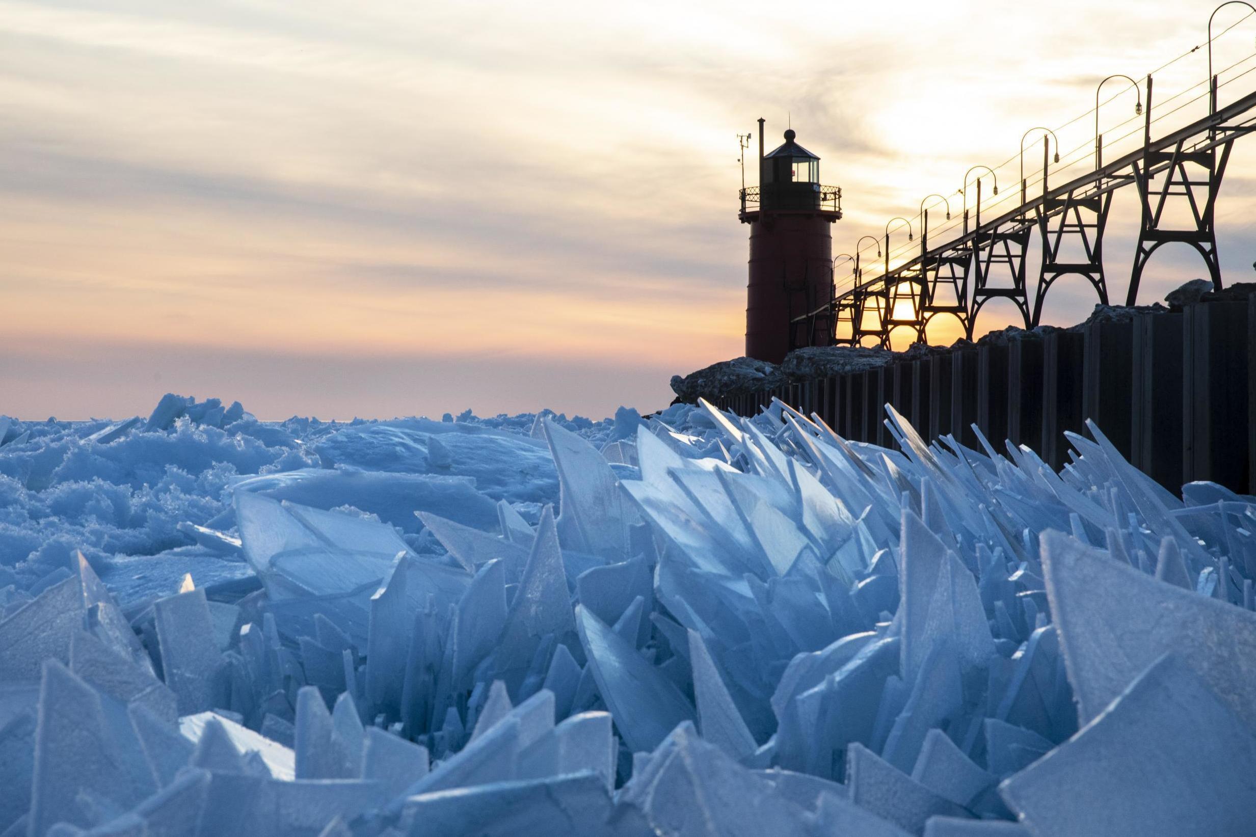 Lake Michigan is covered in shards of ice and it is mesmerising