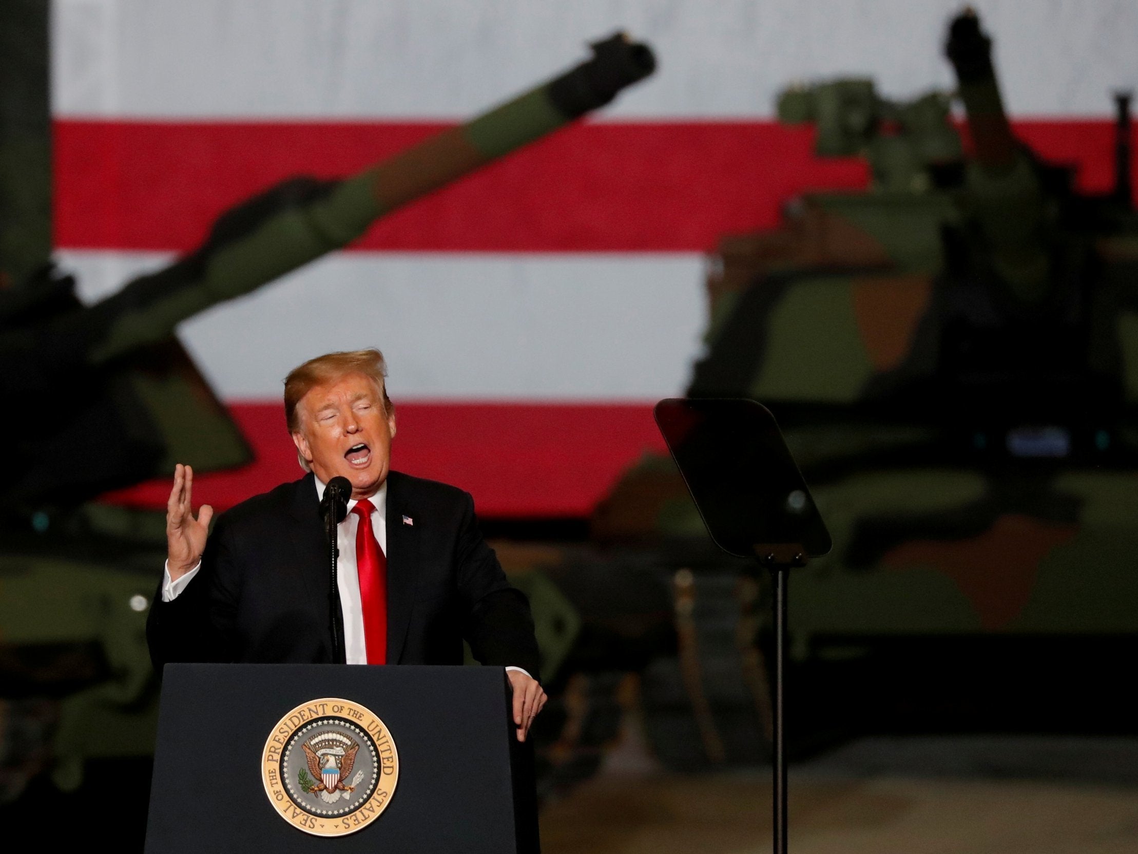 US president Donald Trump speaks to workers in front of US Army tanks on display at the Lima Army Tank Plant (LATP) Joint Systems Manufacturing Center, the country's only remaining tank manufacturing plant, in Lima, Ohio