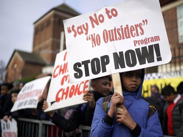 Protesters demonstrate against the No Outsiders programme at Parkfield Community School in Birmingham