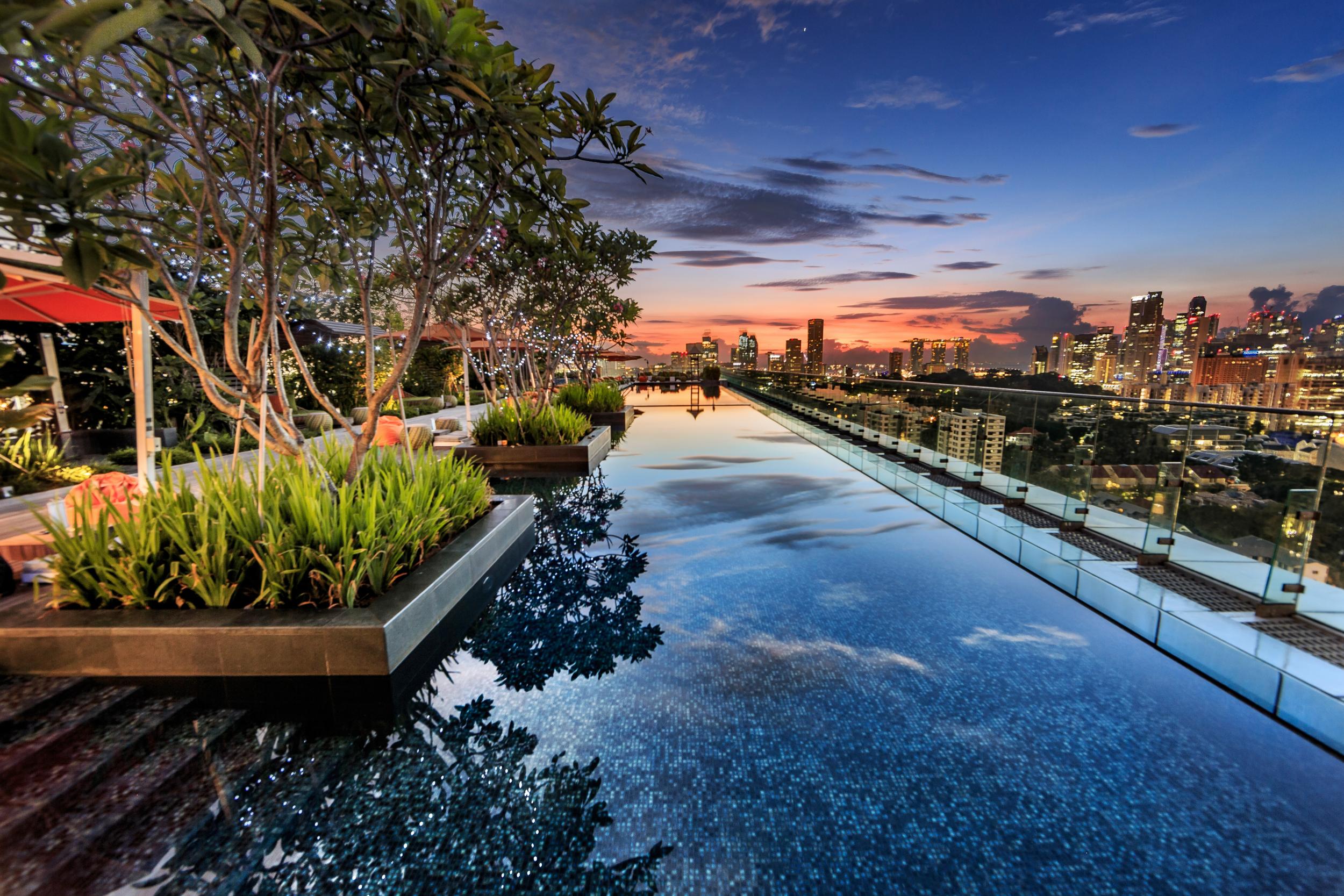 The rooftop pool at Hotel Jen offers superb city views