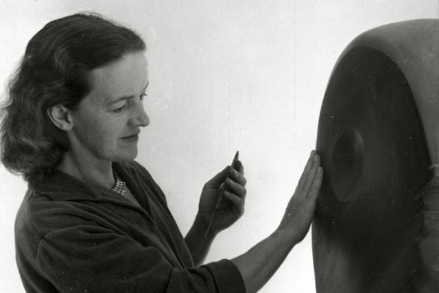 Barbara Hepworth with The Cosdon Head, 1949, photograph by Hans Wild ? Bowness