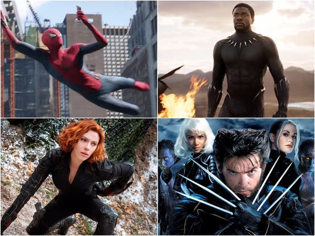 Clockwise from top right: Spider-Man, Black Panther, the X-Men, and Black Widow