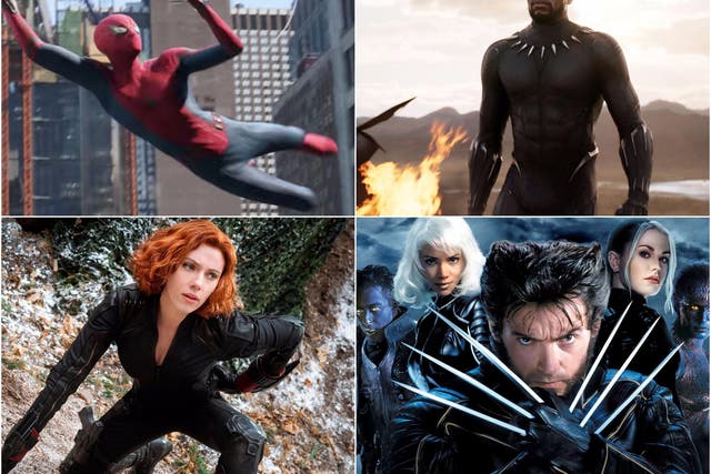 Clockwise from top right: Spider-Man, Black Panther, the X-Men, and Black Widow