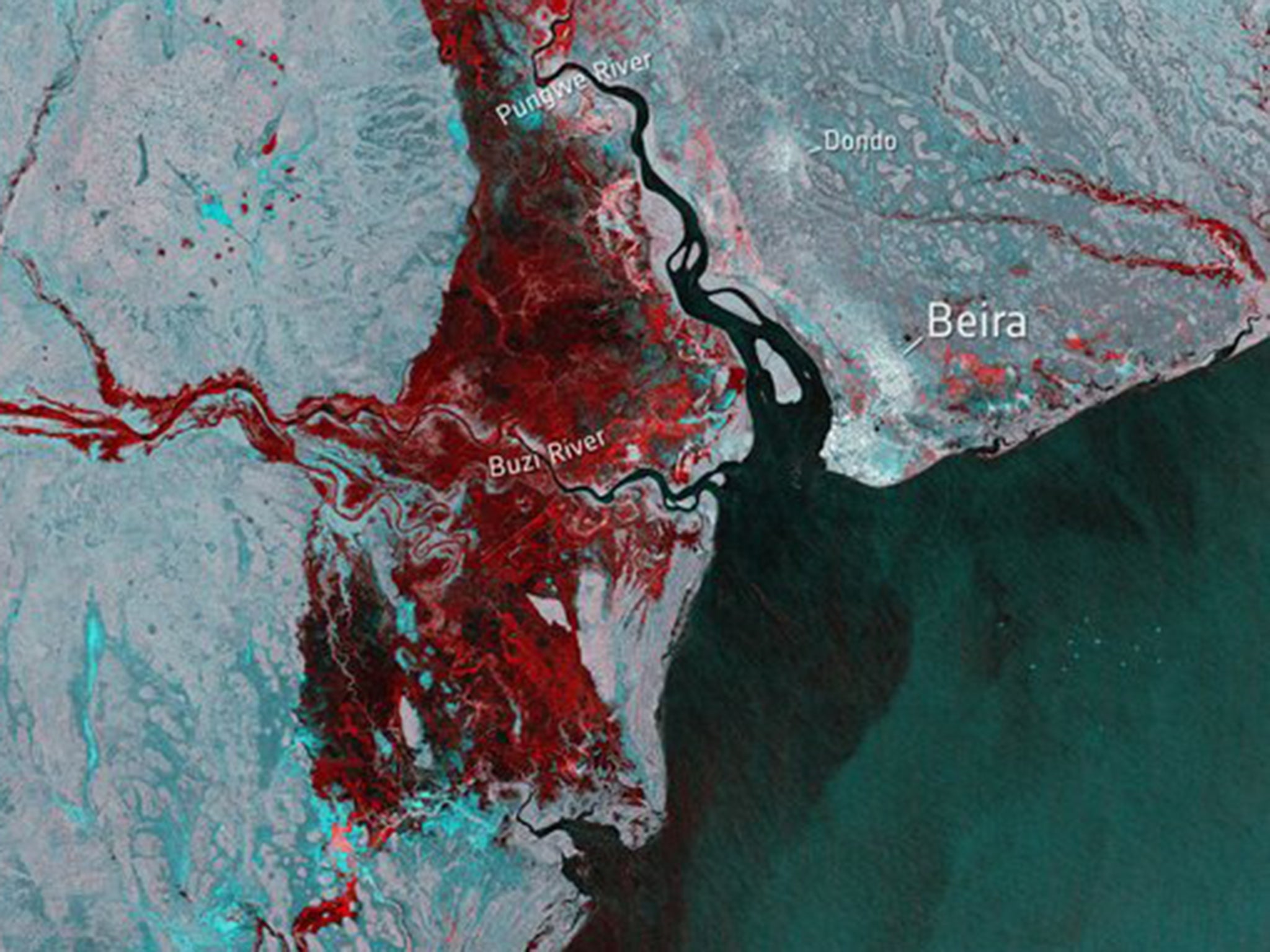 The extent of flooding, depicted in red, around the port town of Beira in Mozambique on 19 March