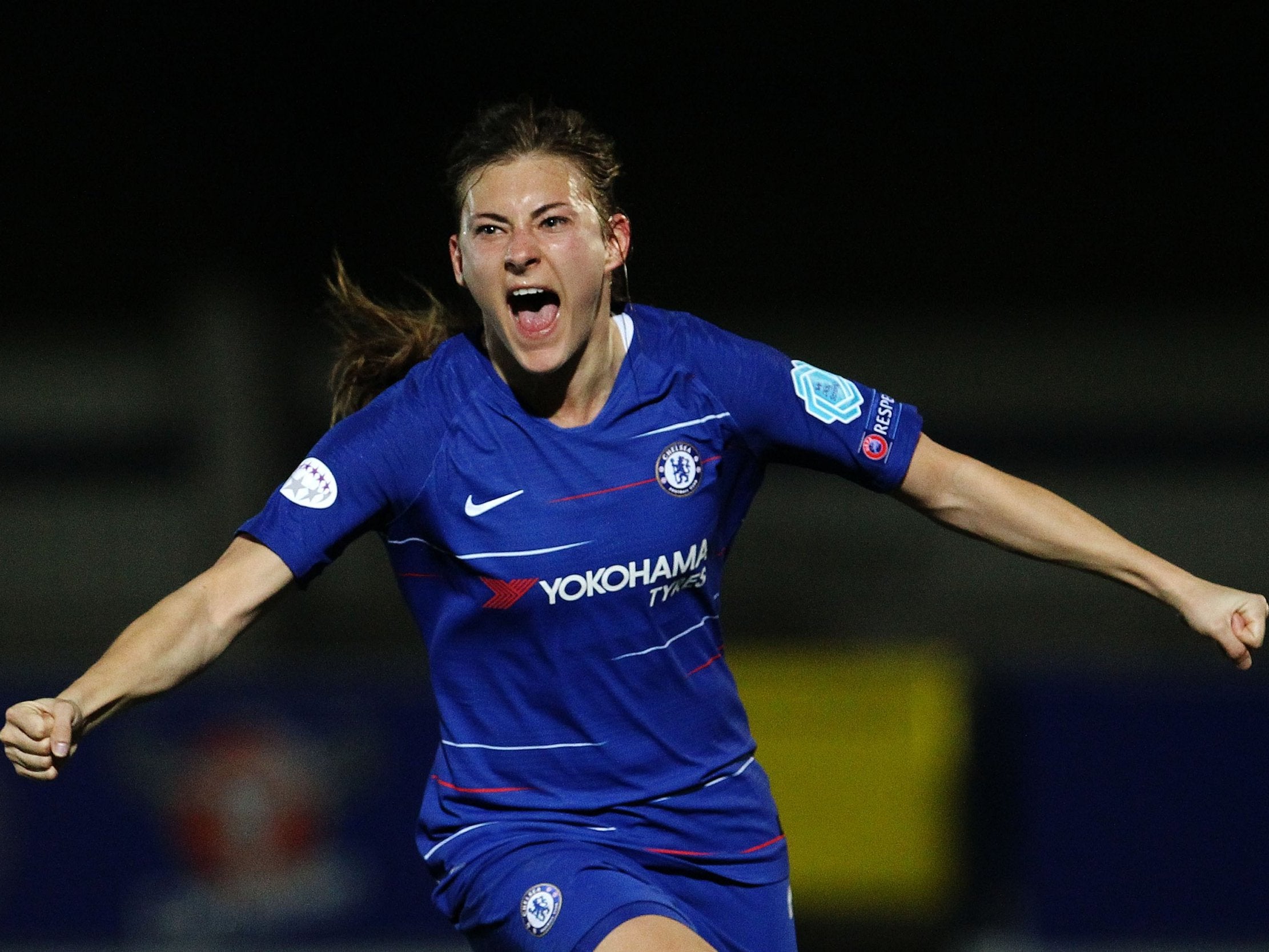 Hannah Blundell celebrates scoring against PSG in the 2-0 first-leg victory