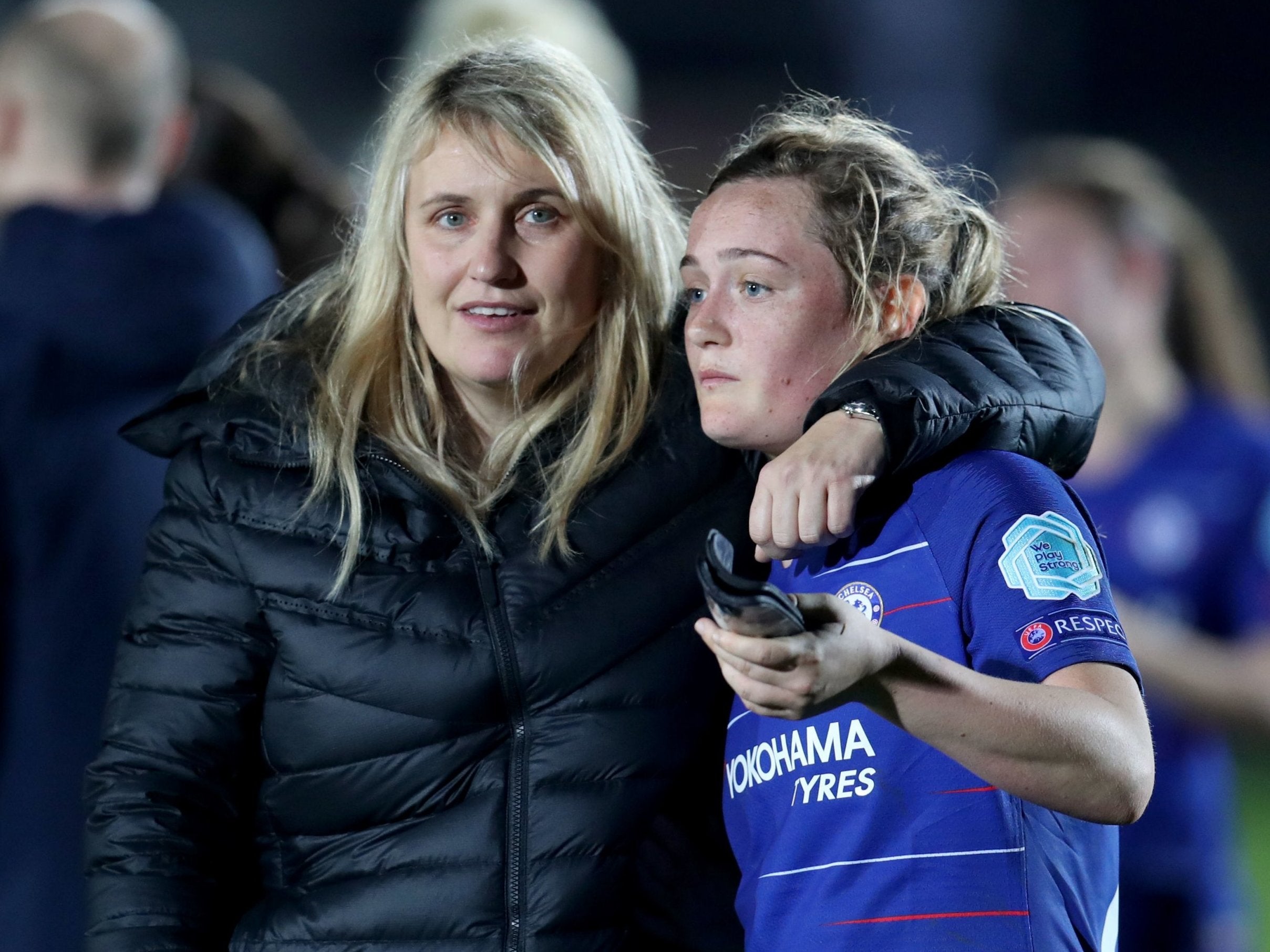 Chelsea Women's Erin Cuthbert (right) and manager Emma Hayes celebrate after the 2-0 victory over PSG