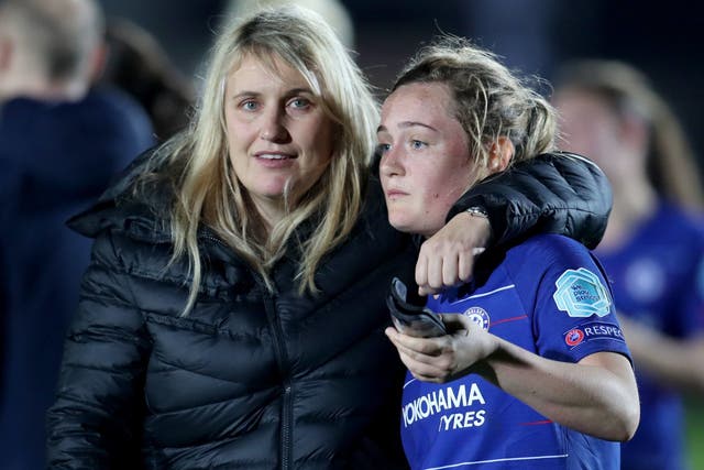 Chelsea Women's Erin Cuthbert (right) and manager Emma Hayes celebrate after the 2-0 victory over PSG