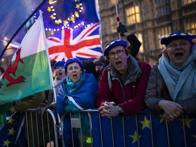 Anti-Brexit protesters demonstrate outside the Houses of Parliament