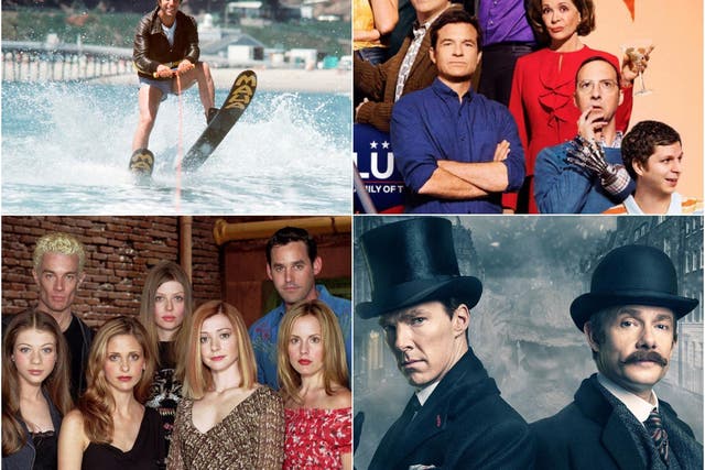 Clockwise from top right: Happy Days, Arrested Development, Sherlock, and Buffy the Vampire Slayer