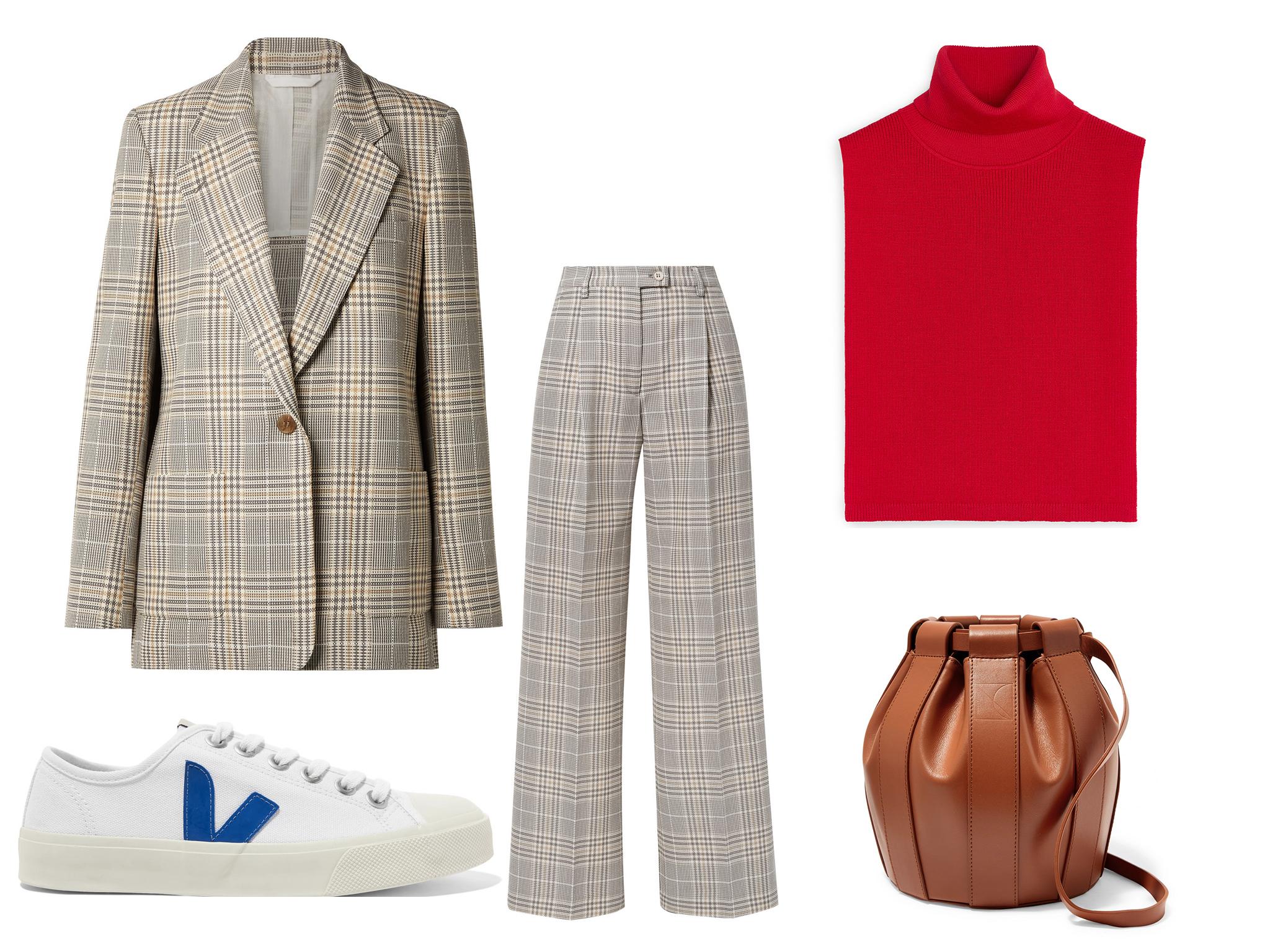 Acne Studios Jana checked cotton-blend blazer: £630; Veja Wata organic cotton-canvas sneakers: £75; Acne Studios Pina checked cotton-blend wide-leg pants: £360; Arket merino bib neck: £55; Low Classic leather bucket bag: £385