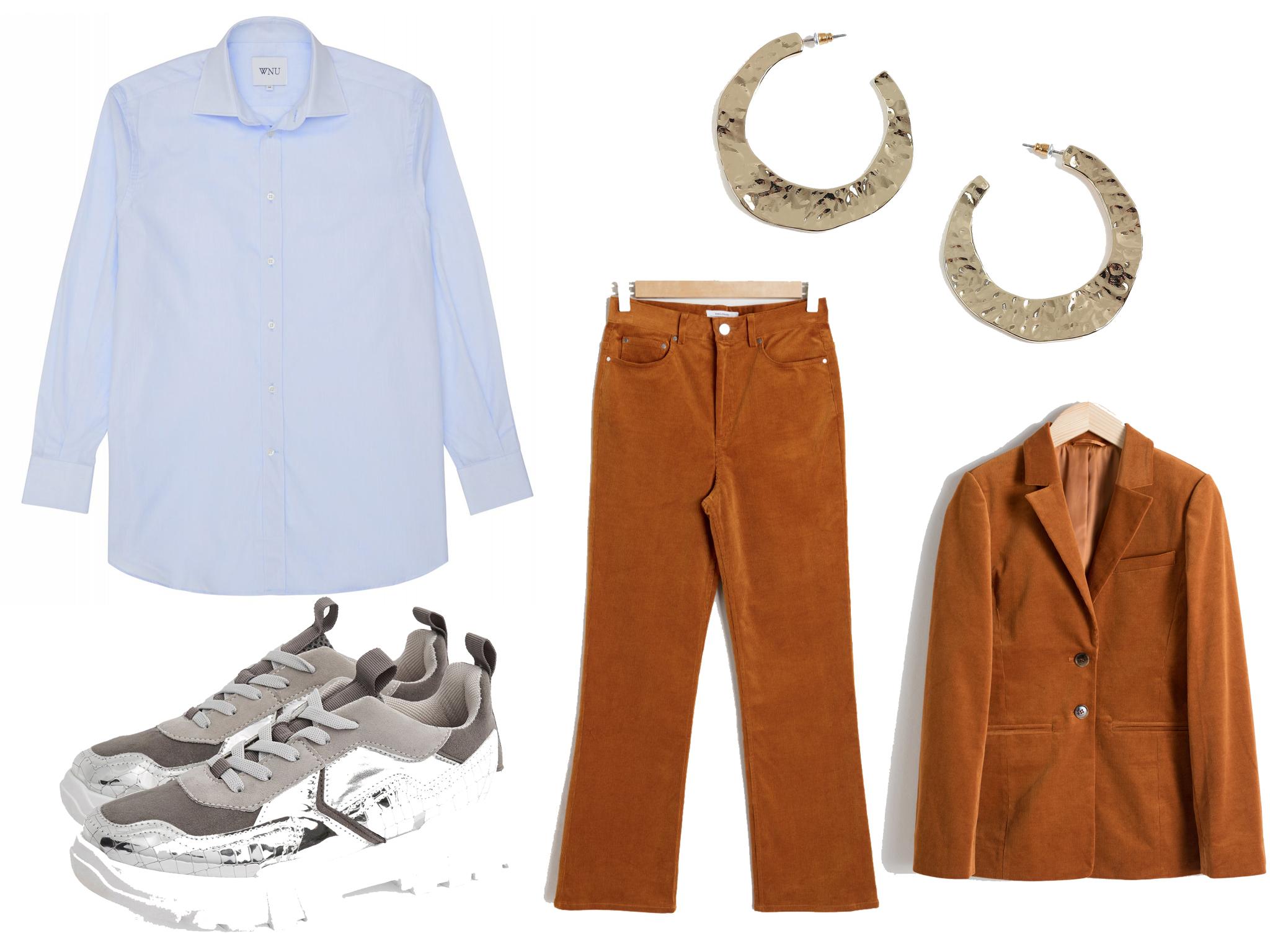 With Nothing Underneath boyfriend shirt: £80; Topshop Casablanca chunky trainers: £42; Topshop hammered hoop earrings: £8.50; &amp; Other Stories kick flare corduroy trousers: £49; &amp; Other Stories corduroy blazer: £89