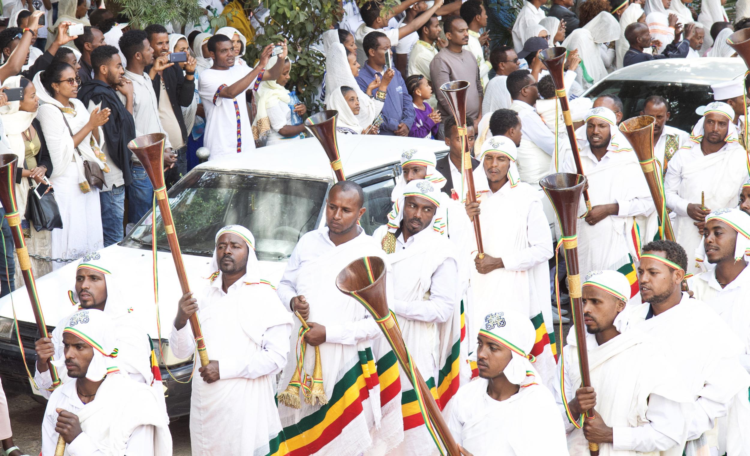 Sounding off: a procession of horns fills the road