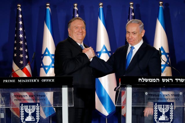 Benjamin Netanyahu (right) welcomes US secretary of state Mike Pompeo on the day the US recognises Israeli sovereignty over the Golan Heights