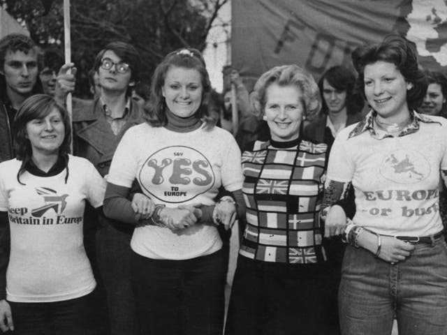 Margaret Thatcher (second from right) lends her support to Keep Britain in Europe campaigners in Parliament Square in 1975