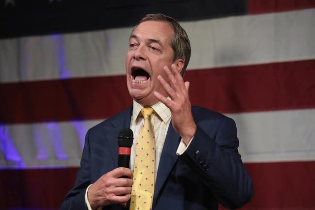 Nigel Farage speaks at a campaign event for Roy Moore on 25 September 2017