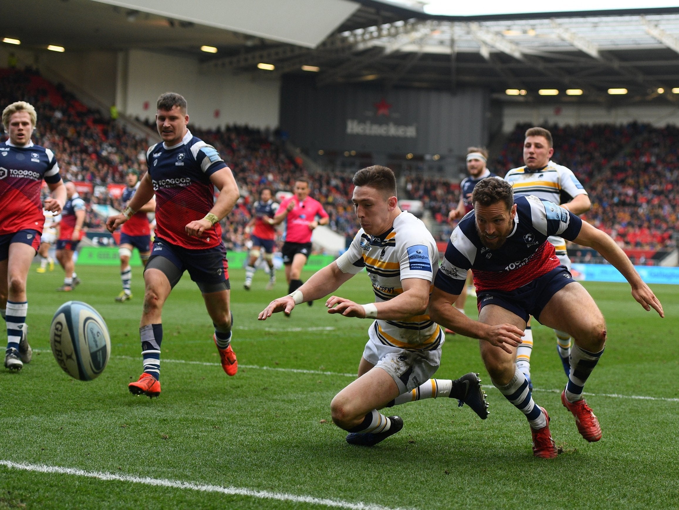 Josh Adams dives in an attempt to score for Worcester Warriors against Bristol