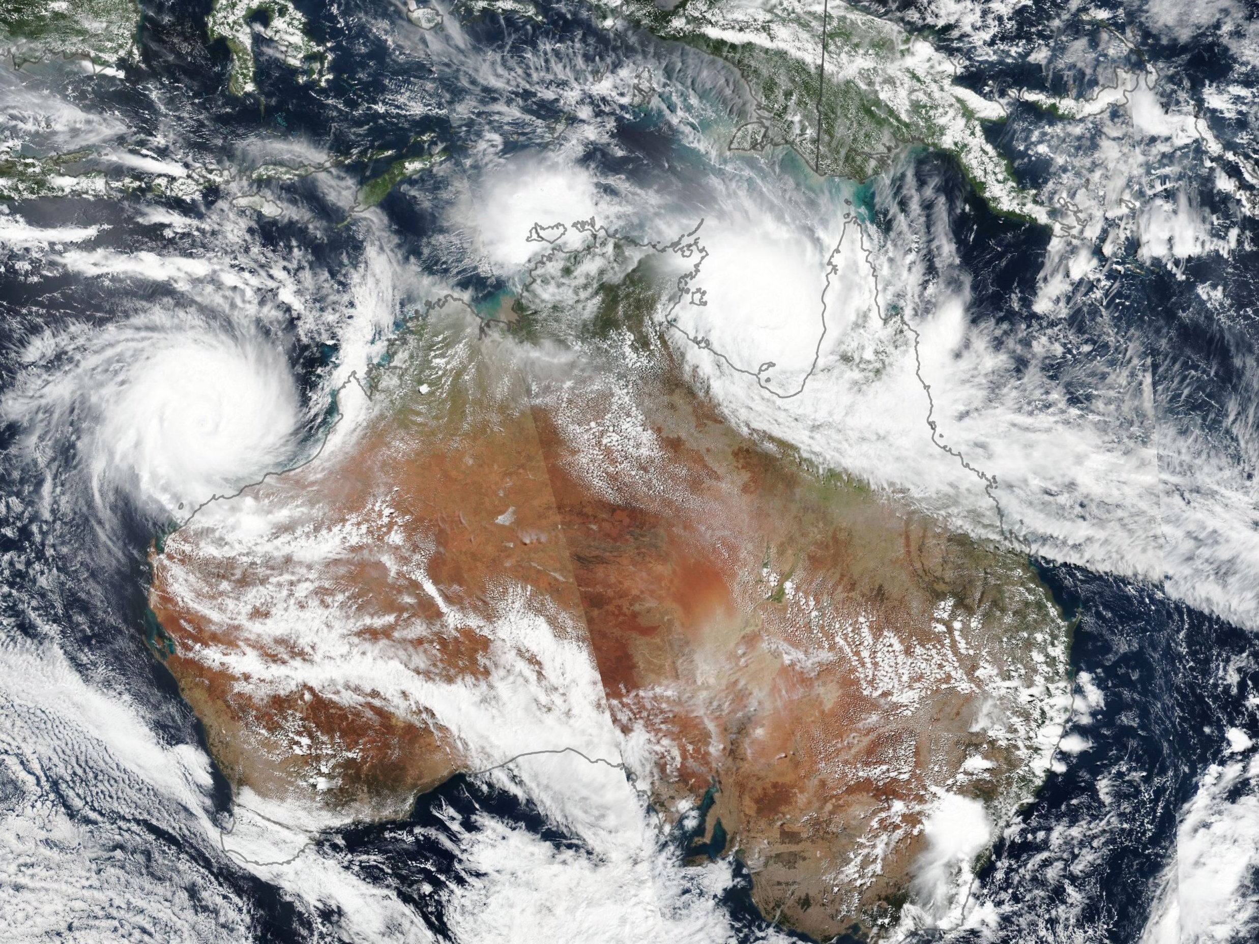 Satellite image from NASA shows two severe tropical cyclones over northern Australia on 22 March 2019. Cyclone Veronica (L) is seen over Western Australia and Cyclone Trevor over Northern Territory (top-R). At the time of the image, cyclones Trevor and Veronica both had sustained winds of roughly 175 km per hour, NASA said.