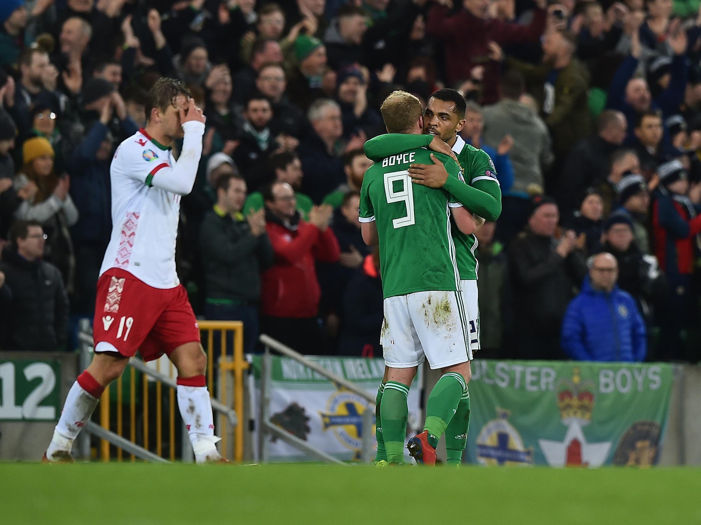 Josh Magennis celebrates the winning goal for Northern Ireland