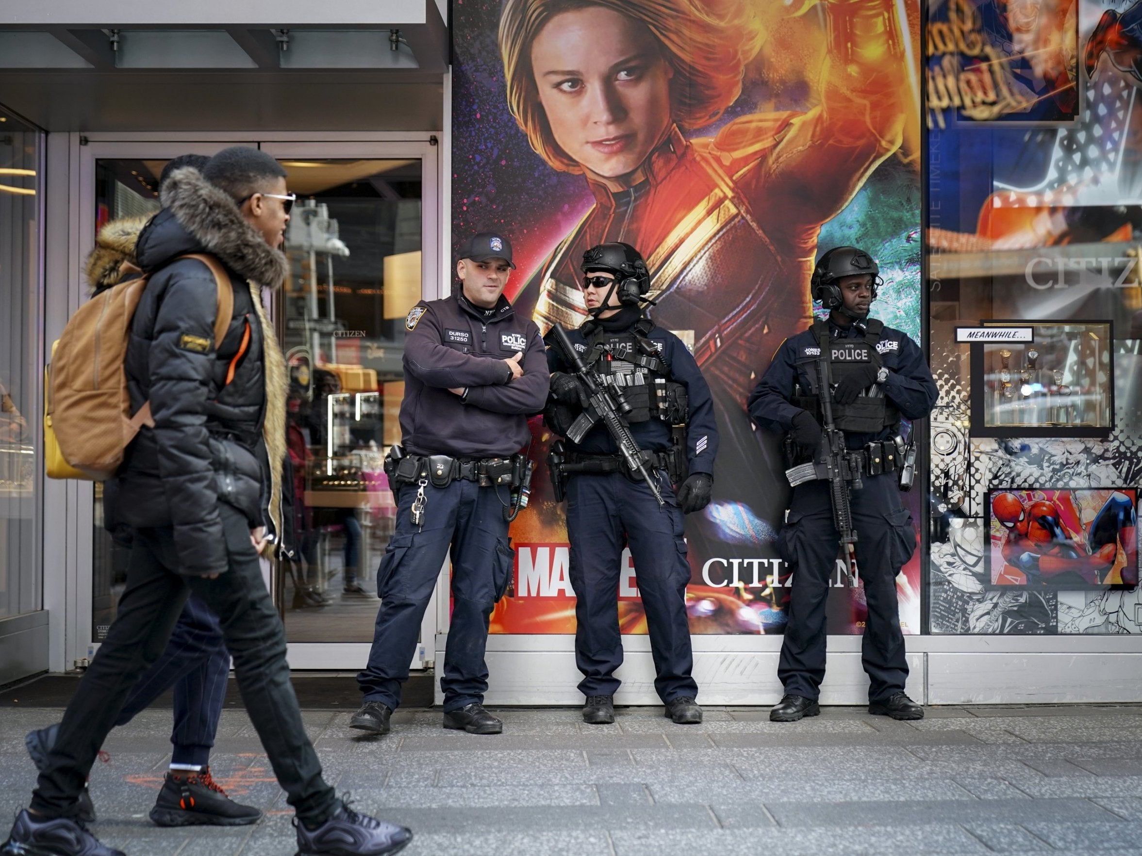 Members of the New York City Police (NYPD) Counter-terrorism unit patrol stand watch in Times Square 18, March 2019 in New York City.