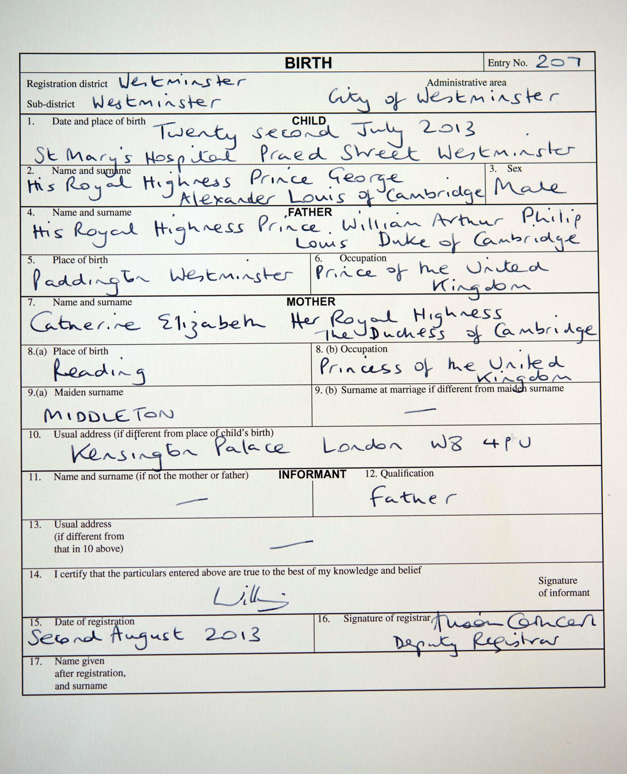 The Duke and Duchess of Cambridge Register The Birth of Their Son Prince George of Cambridge In London