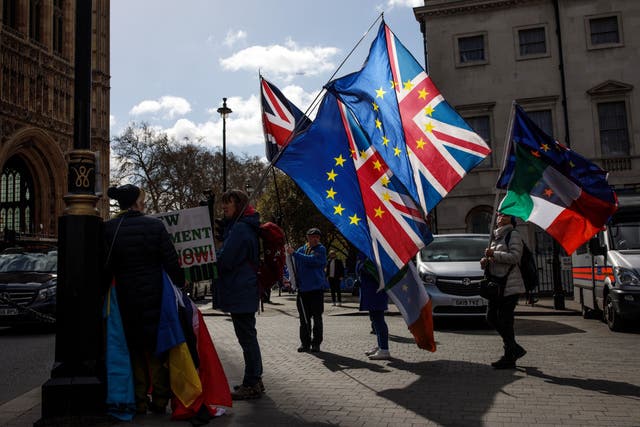 Anti-Brexit protesters demonstrate with flags outside the Houses of Parliament