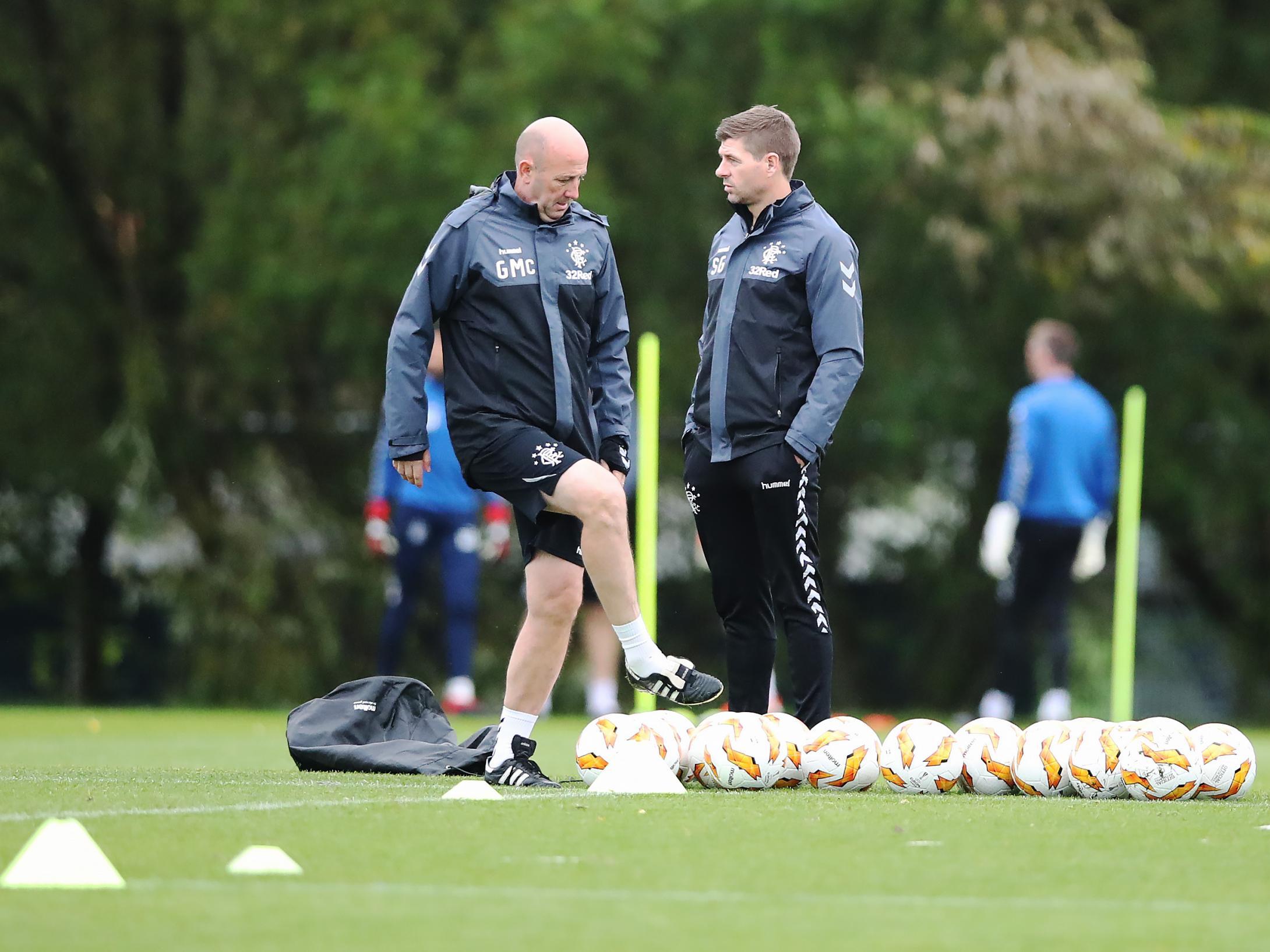 Gary McAllister with Steven Gerrard during a Rangers training session