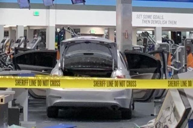 Fortunately nobody was injured when the car drove through the front window of the Crunch Fitness Club in La Mirada, California