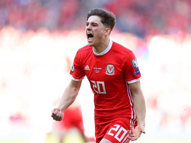 Daniel James of Wales celebrates after he scores