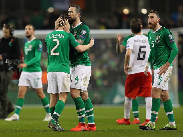 Shane Duffy celebrates with Seamus Coleman after the final whistle