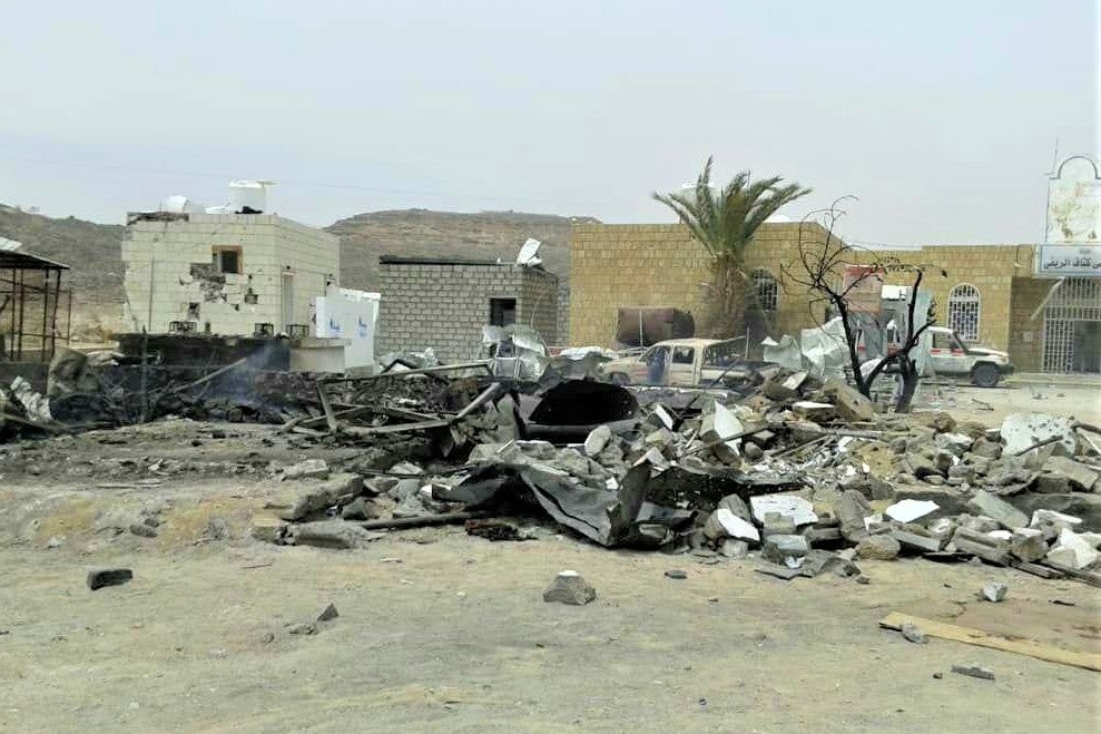 The damage after a missile struck a gas station near the entrance to Kitaf rural hospital 100 km from the city of Saada, Yemen