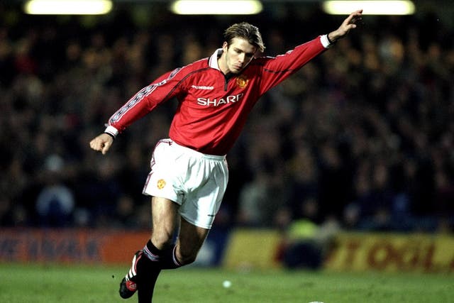 David Beckham of Manchester United takes a free-kick