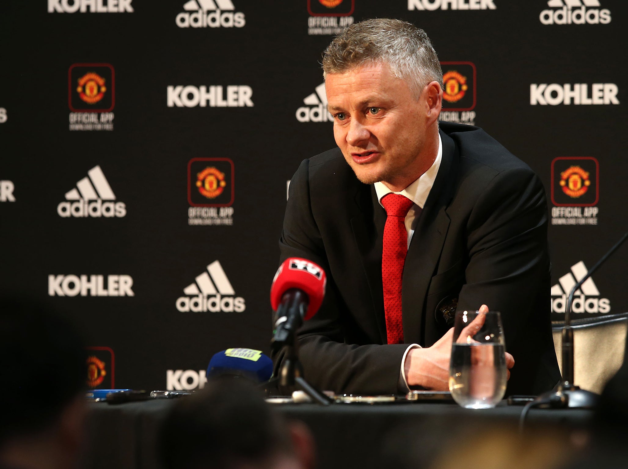 Ole Gunnar Solskjaer of Manchester United speaks during a press conference