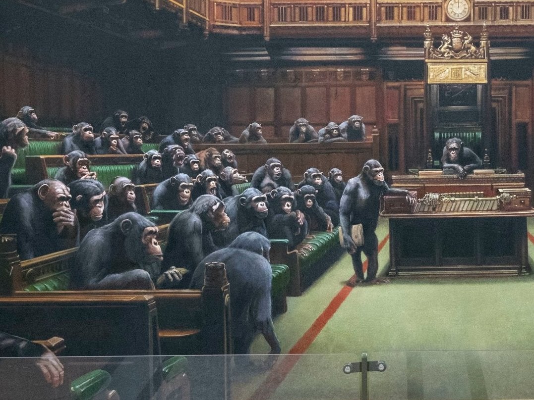 Banksy Painting Of Chimpanzees in Parliament Reprint On Framed Canvas Wall Deco 