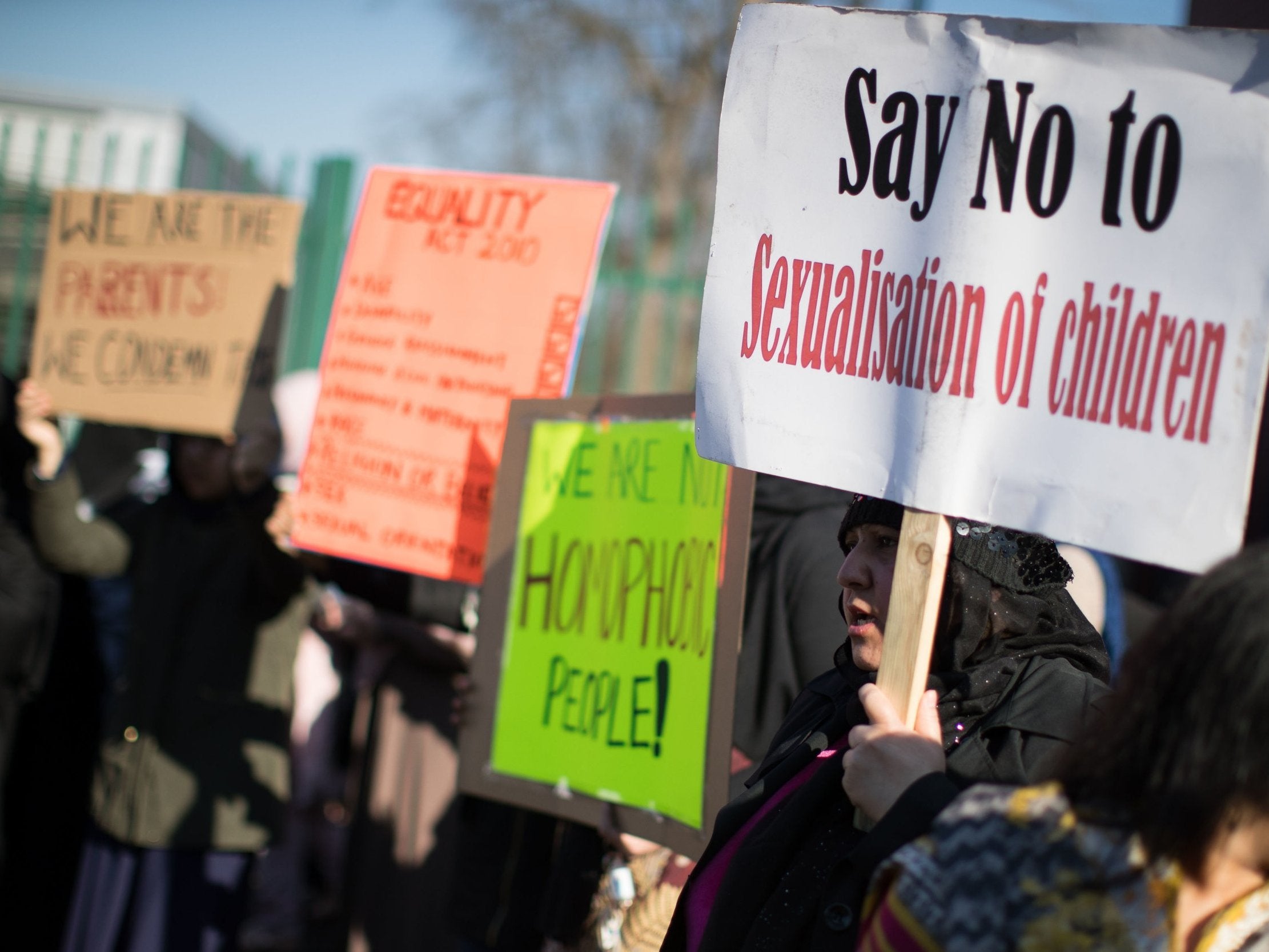 Parents and children protest against lessons about gay relationships at Anderton Park Primary School, Birmingham in March