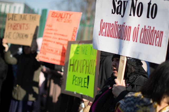 Parents and children protest against lessons about gay relationships at Anderton Park Primary School, Birmingham in March